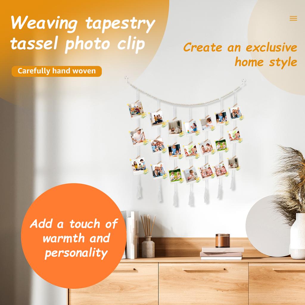 Wandbehang-Fotodisplay mit 45 Clips, dekorativer Collage-Bilderrahmen, DIY-Fotoschnur mit Holzperlen-Girlande für Schlafzimmer