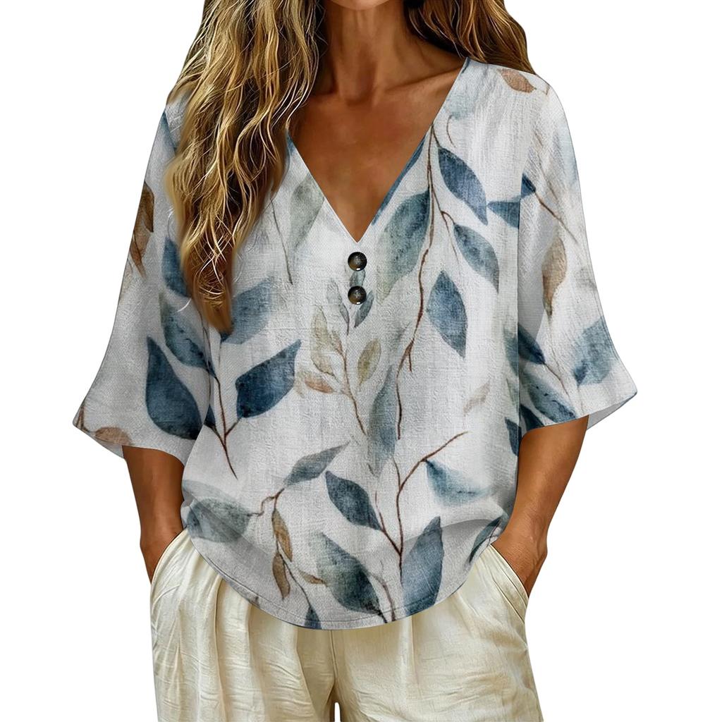 Women V Neck Vintage Floral Print Loose Fit Short Sleeve T Shirt Linen Blend Casual Summer Top