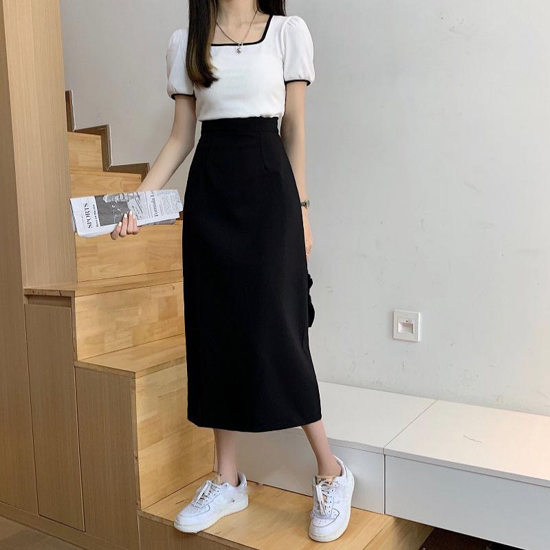 Saia Feminina Preta Cintura Alta Fenda Lateral Comprimento Midi Saia Feminina Elástica Slim Linha A Retrô Elegante Versátil Simples Moda