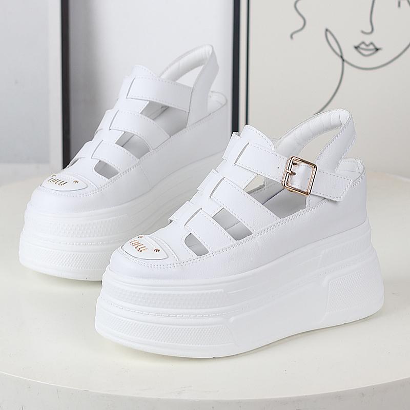 

Модные дышащие сандалии на танкетке для женщин с полым отверстием Baotong, маленькие белые туфли на высоком каблуке 12 см, женская обувь, сандалии на платформе 34 белый