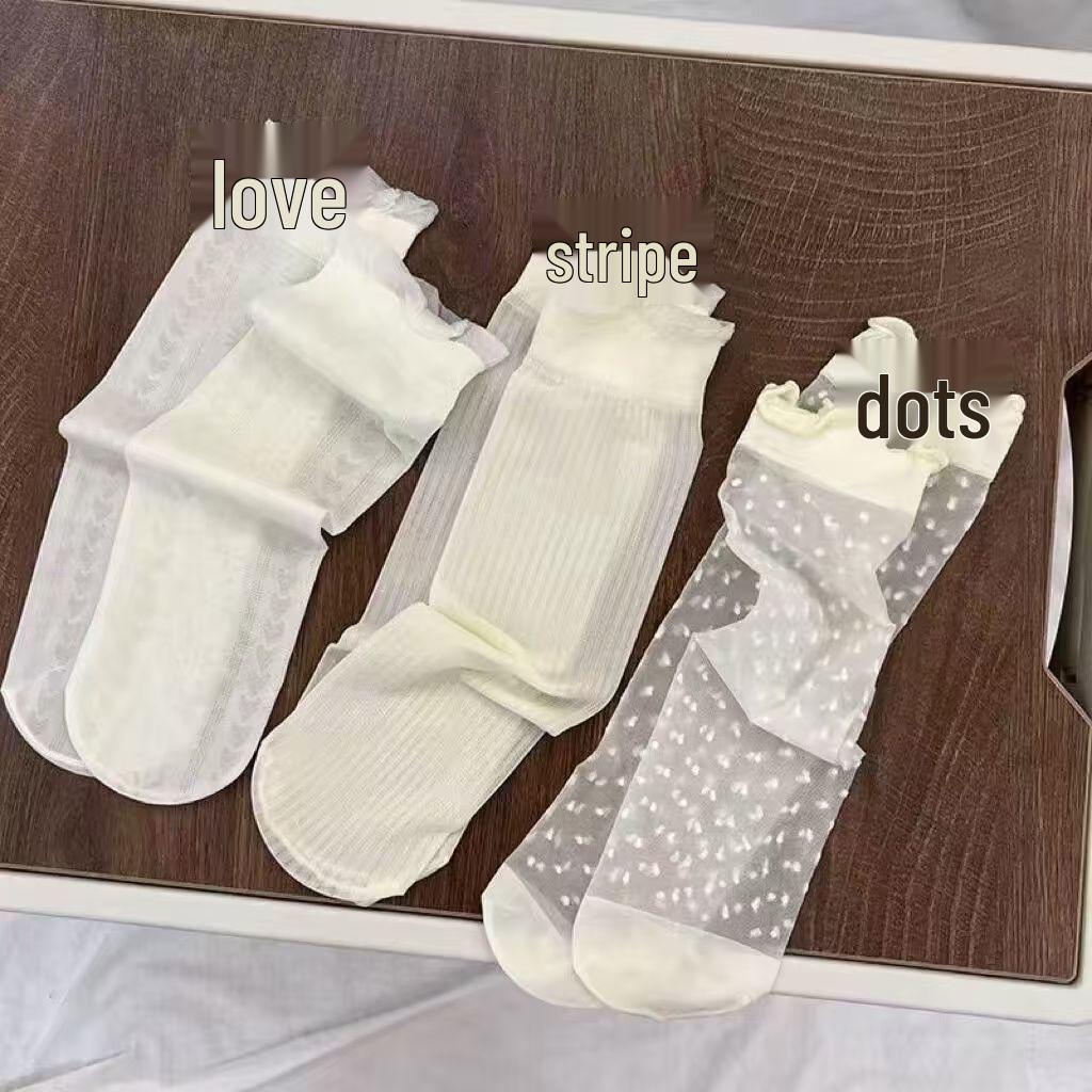 Ice Silk Ruffle Edge No-Show Socks - Milky White, Thin, Spring & Summer Women s Short Socks Heart