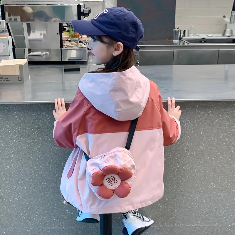 2025 Girls' Fashion Hooded Windbreaker Jacket - Color Block Spring & Autumn Outerwear