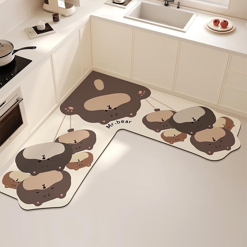 L-shaped Kitchen Carpet Cute Cartoon Diatom Mud Floor Mat Creative Water-absorbing Corner Bathroom Mats Non-slip Washable Rug IG
