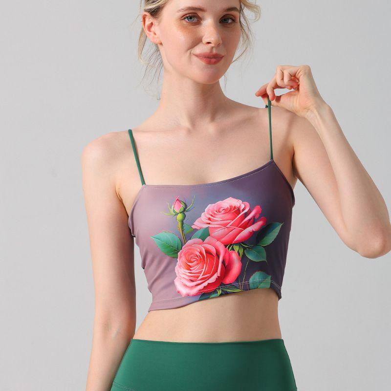 Nude Feel Yoga Bra Chinese Style Green Yoga Pants Yoga Clothes Suit Pilates Spaghetti-Strap Floral Print Inner Wear Blouse