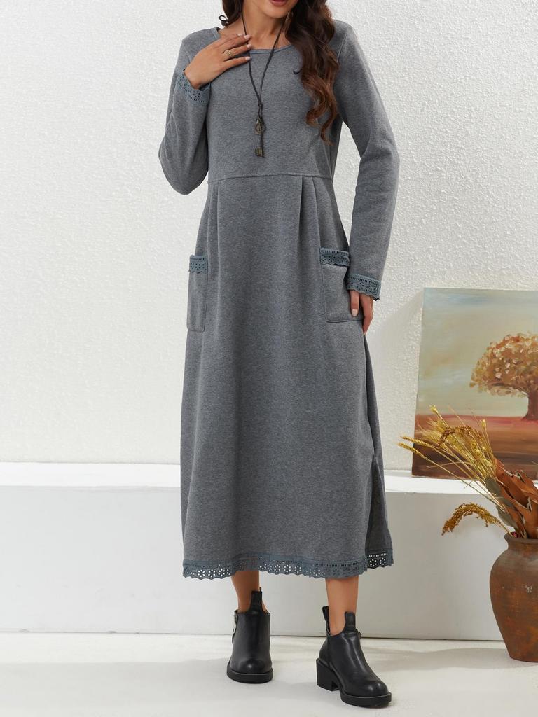 2023 Autumn Loose Plus Size Knit Lace Long Fleece Sweatshirt Dress
