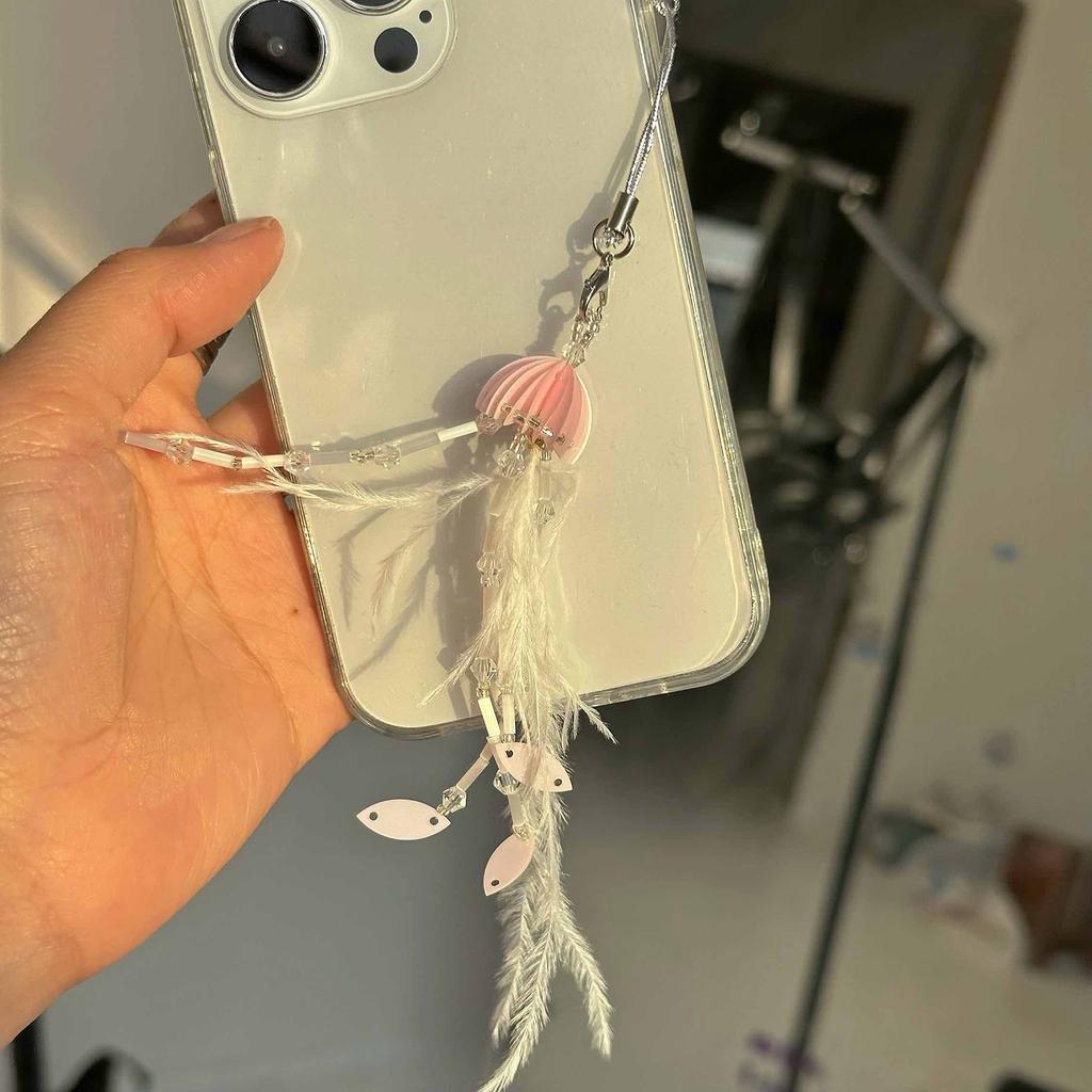 Stylish Jellyfish Pendant with Soft Feathers Fringe Colorful Keychain Unique and Fashionable Phone Charm for Women Girls