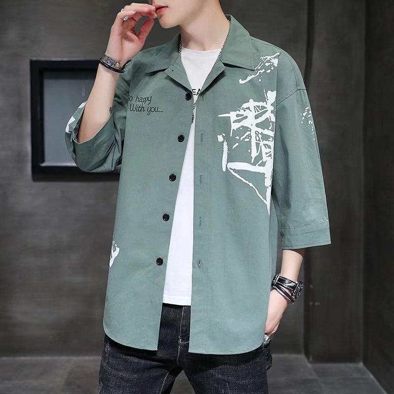 

Мужская рубашка с длинным рукавом в корейском стиле, модный красивый топ 2023, летняя мужская рубашка с рукавом три четверти в гонконгском стиле