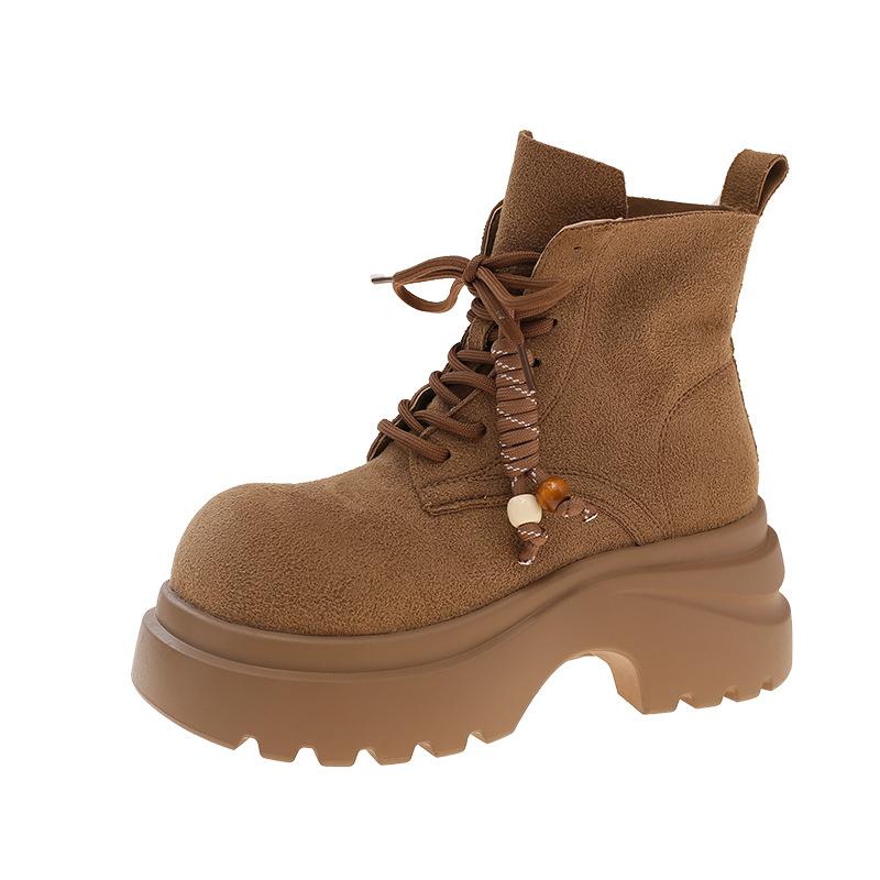 Retro Thick-soled Heightening Martin Boots for Women's 2025 Autumn New Fashionable Maillard Slim Short Boots Lace-up Rhubarb Boots
