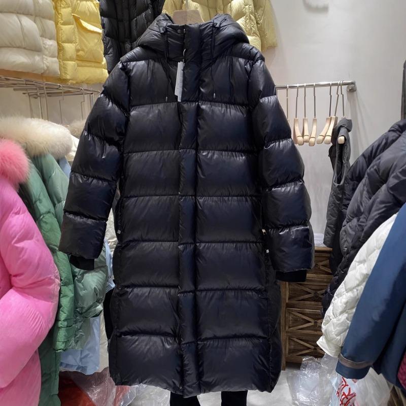 Black and Gold Duck Down Glossy Down Jacket Women's Hot Sale Medium and Long Couples Thickened Knee Leave-in Jacket