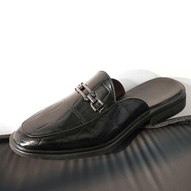 Fashion Fashion New Men's Black Grey Brown Crocodile Pattern Leather Half Slippers Shoes Male Casual Mules Moccasins Breathable Loafers