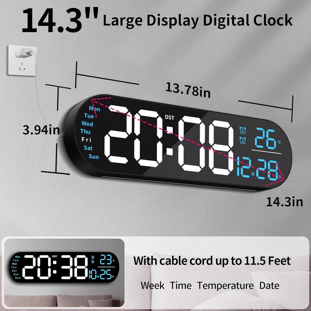 14.3" Digital Wall Clock with Remote Control, Large Display, LED Clock for Living Room, Bedroom, Auto-Dimming, 9 Color Night Light, Auto DST, Date,