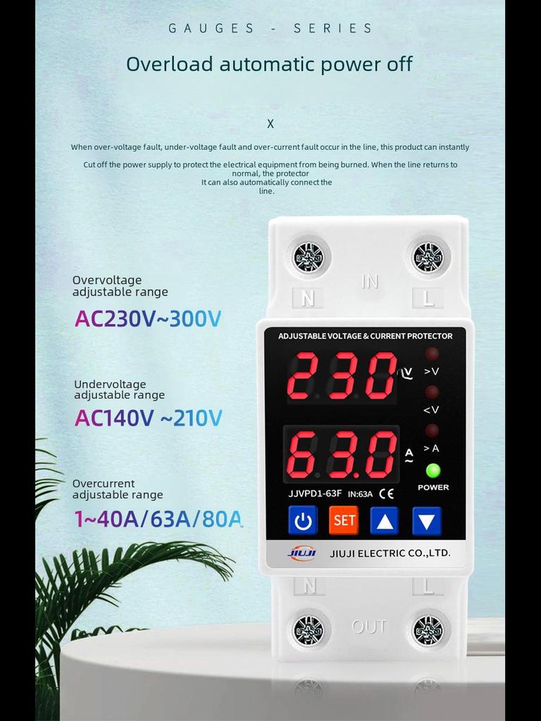 Adjustable Intelligent Dual Display Self-Resetting Voltage/Current Limiter Switch (40A/63A/80A)