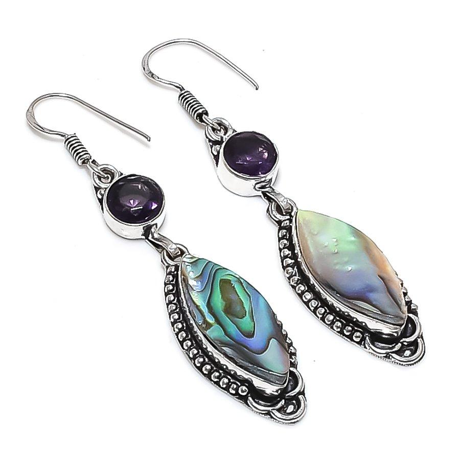 

Natural Abalone Shell, Amethyst 925 Sterling Silver Jewelry Earring 2.56 T4r86