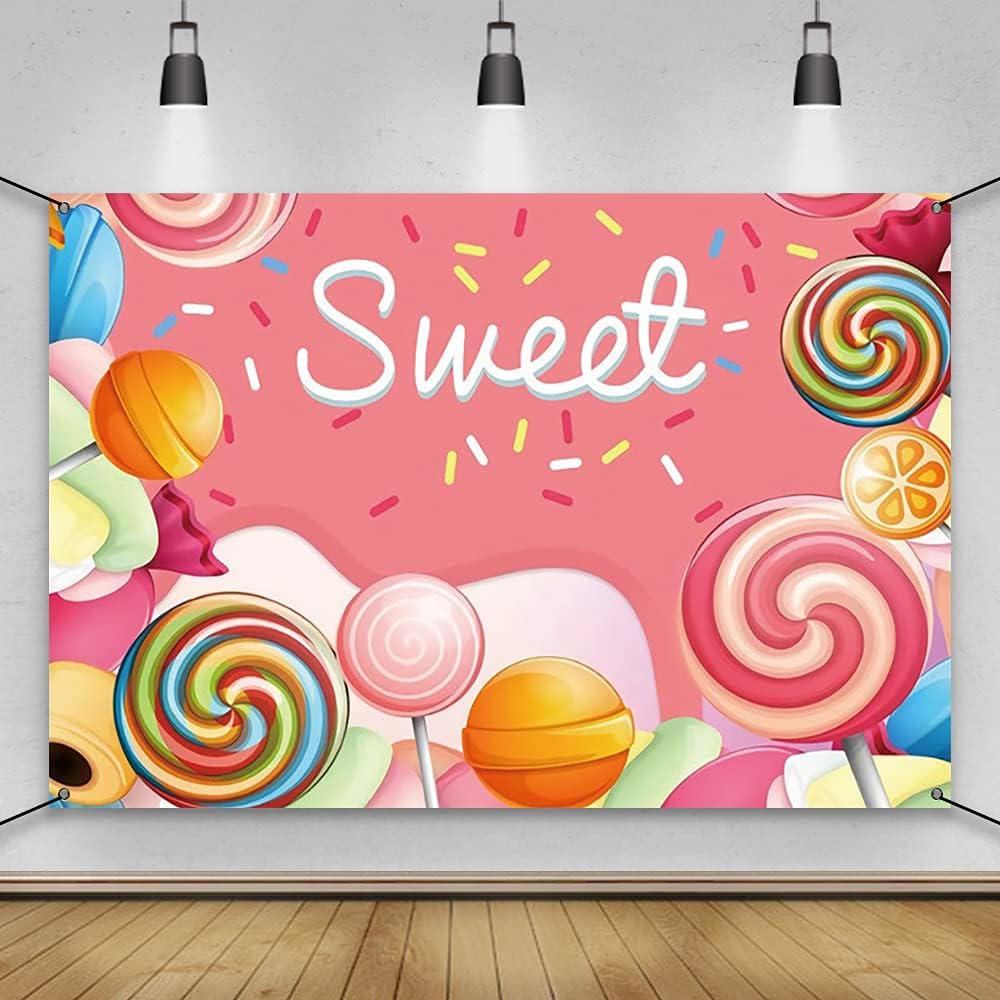 AWERT Polyester 6x3.6ft Sweet Candyland Banner - Colorful Lollipops Backdrop - Candy Land Theme Baby Shower & Dessert Birthday Party Decoration