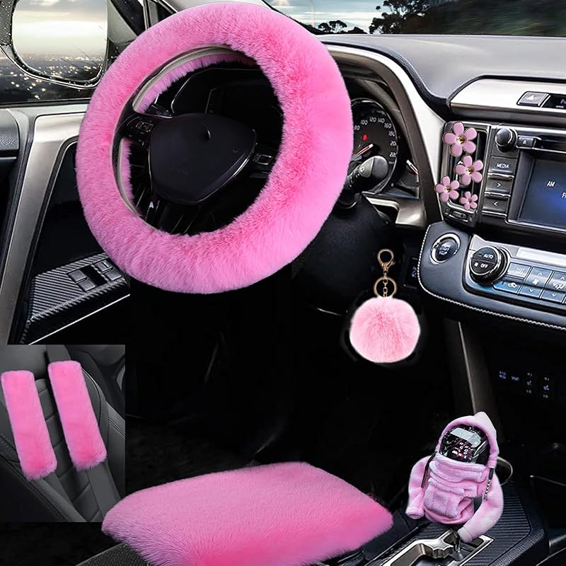 10 Pieces Fluffy Steering Wheel Covers Set,YSLSLOO Furry Steering Wheel Cover for Women Fashion Steering Wheel Cover Soft Steering Wheel Protector