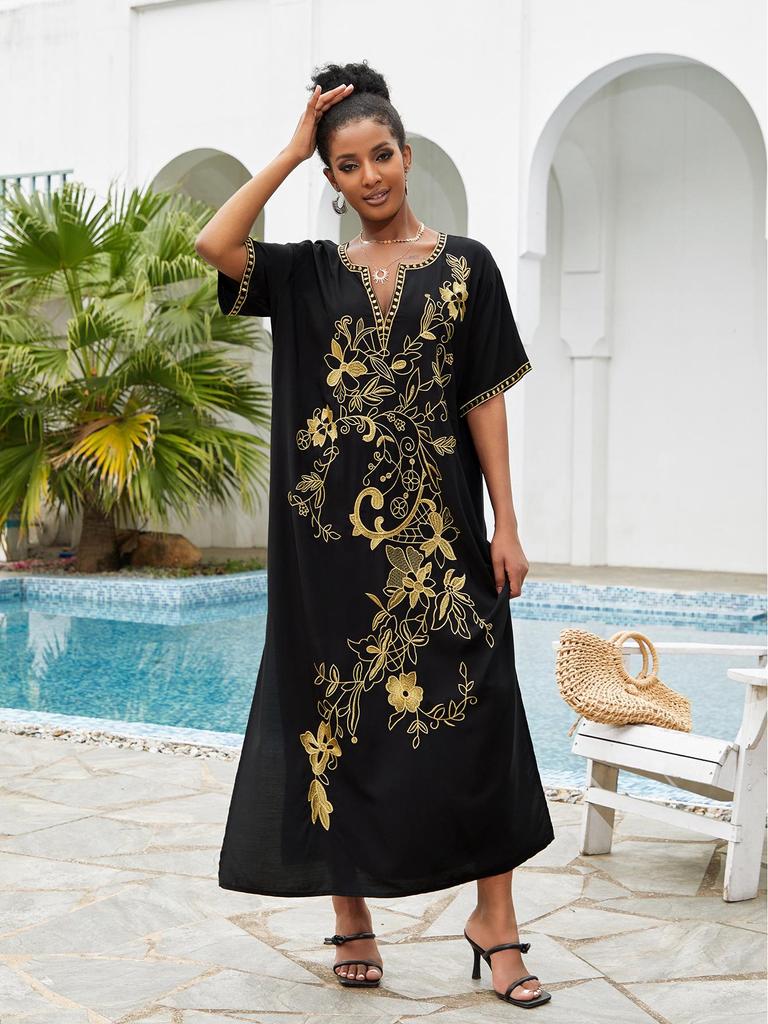 Rayon Embroidered Long Beach Robe Cover-up