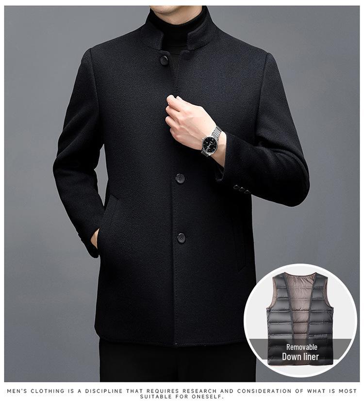 Men's Mid-length Double-sided Cashmere Coat with Detachable Down Liner, Thickened and Warm for Mid-aged