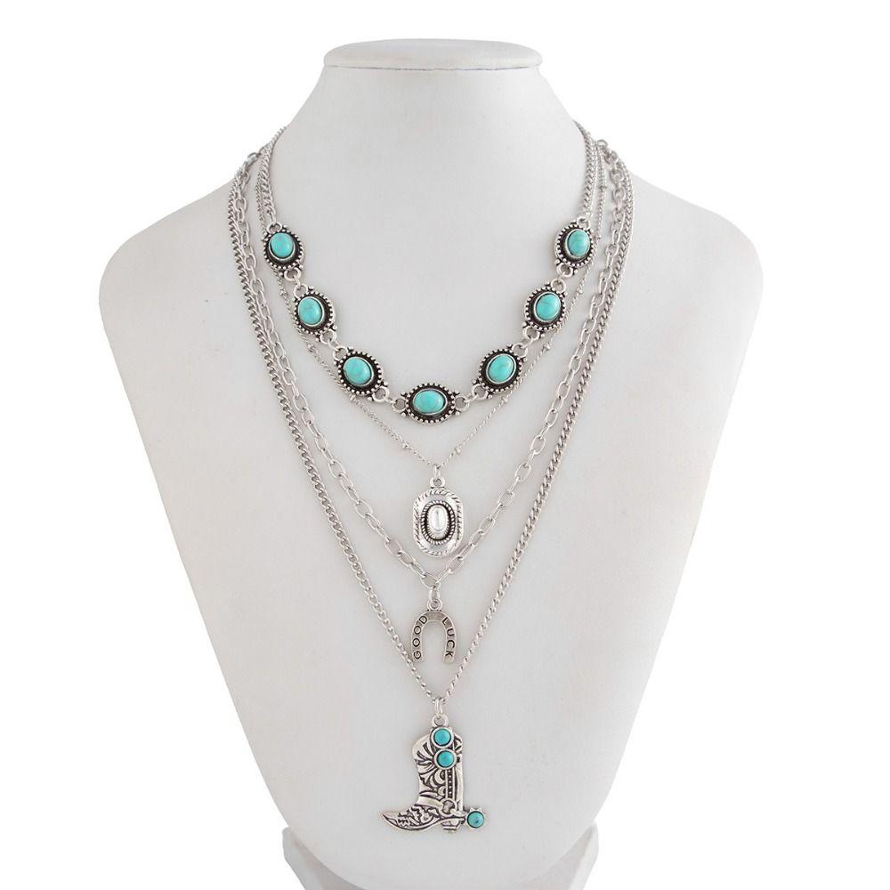 Bohemian Turquoise Chain Choker Vintage Clavicle Chain Multi Layer Necklace  Jewelry Gift