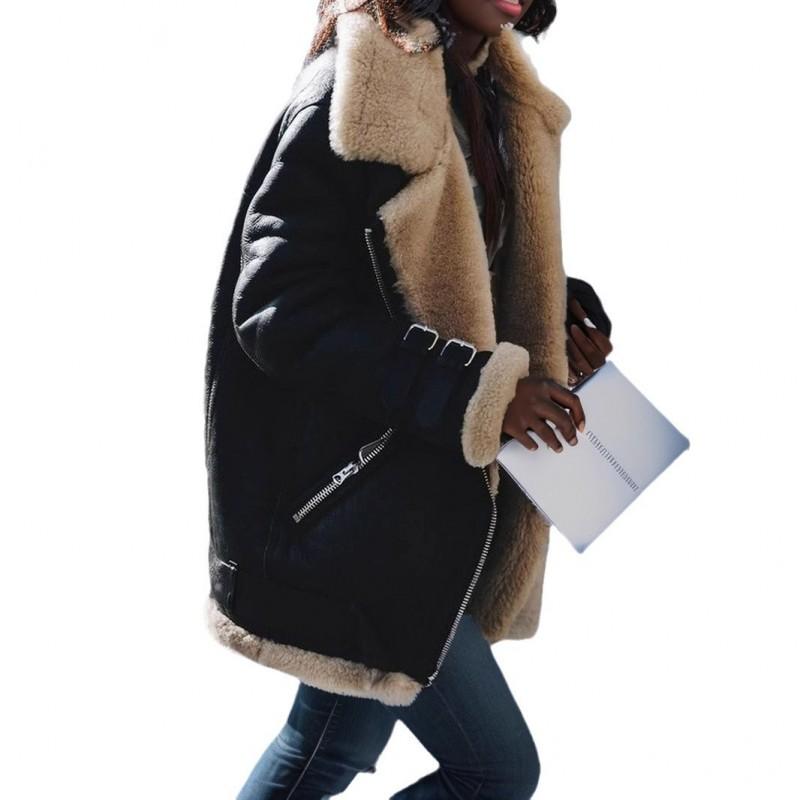 Womens Faux Suede Sherpa Coat Oversized Mid-Length Zip-Up Winter Jacket Street Style