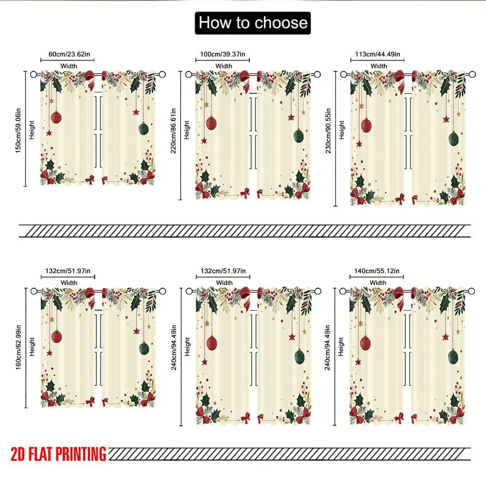 2pcs 2D flat printing Merry Christmas Curtains Christmas Holly Garland Bows Ornaments Digital Printed Polyester Drapes Festive