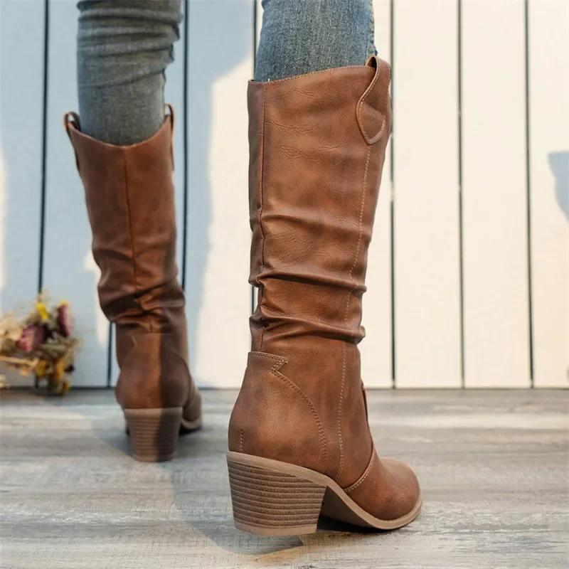 2025 New Autumn Winter Shoes for Women Slip-on Fashion Women Boots Sewing Daily Round Toe Square Heel Boots Women Botas De Mujer