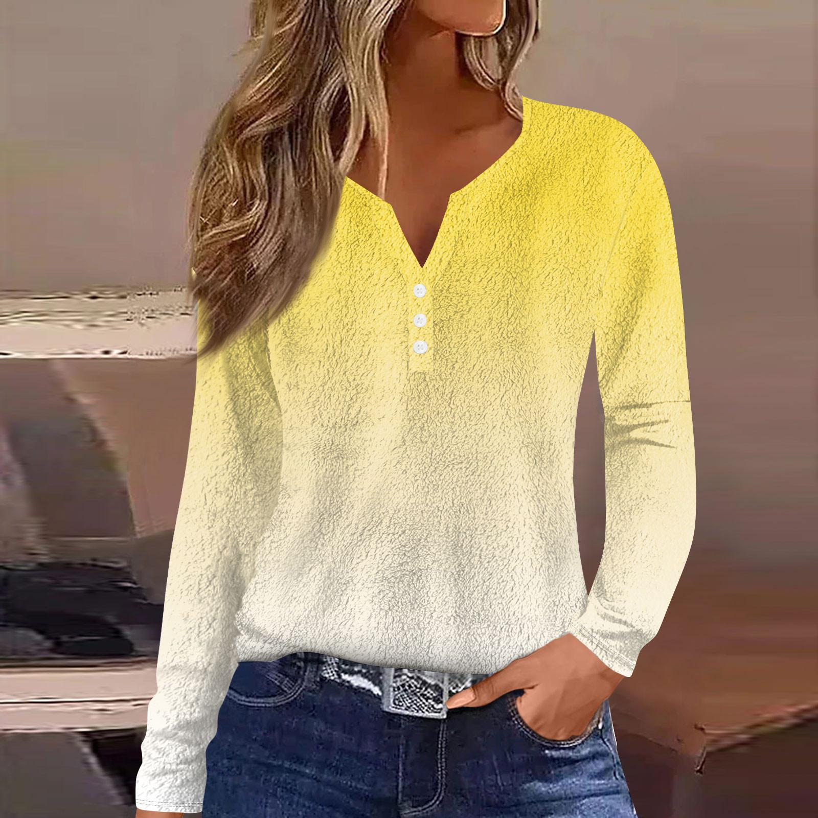 

Женская модная повседневная футболка с v-образным вырезом и длинным рукавом с принтом, топ на пуговицах XL жёлтый