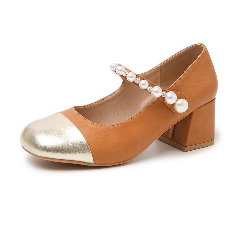

Xiaoxiangfeng Mary Jane shoes women s light shoes thick heel 2025 spring new beaded French color matching temperament single shoes 40 оранжевый