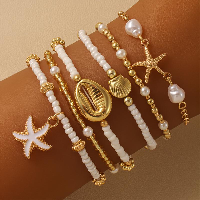 Bohemian Shell Starfish Bead Bracelet Set for Women Fashion Summer Beach Multilayer Stacked Bracelets Party Jewelry Gifts