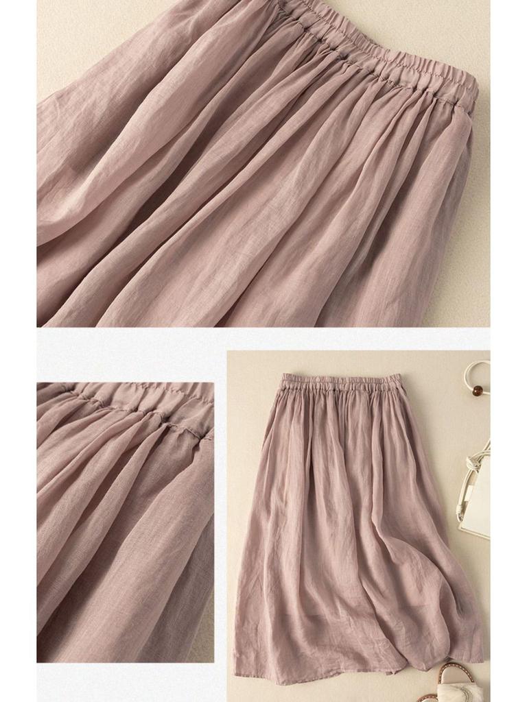 2024 Women's Summer Hanfu Mid-Length Skirt - Retro Cotton/Linen, Hip-Covering, High-End Solid Color Design