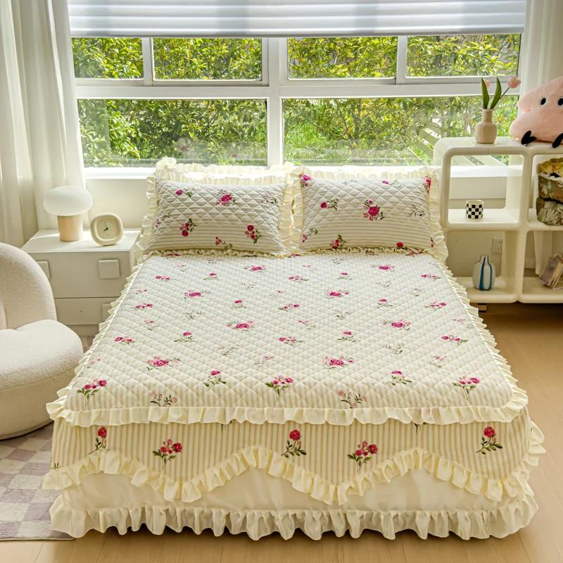 Copriletto trapuntato addensato in cotone 100% Copriletto trapuntato king size queen size Gonna da letto in pizzo principessa Copriletto in puro cotone non inclusa federa