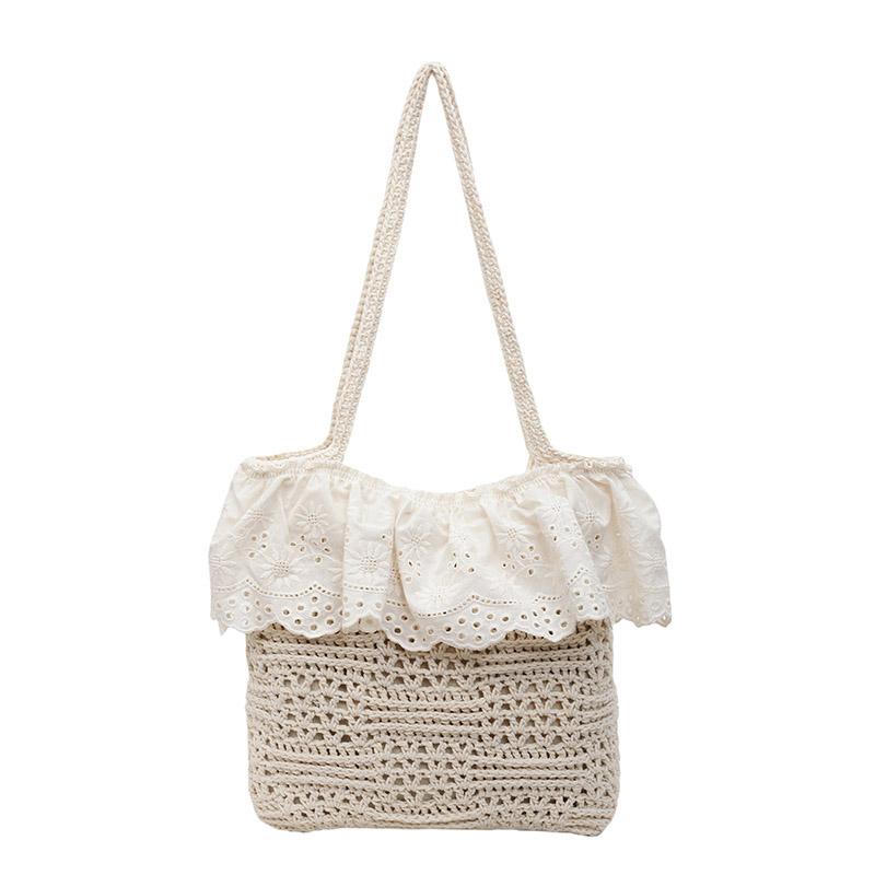 Straw Woven Summer Solid Color Shoulder Bags Lace Large Capacity Ladies Bags 2026 High Quality Hollow Out Women's Handbags