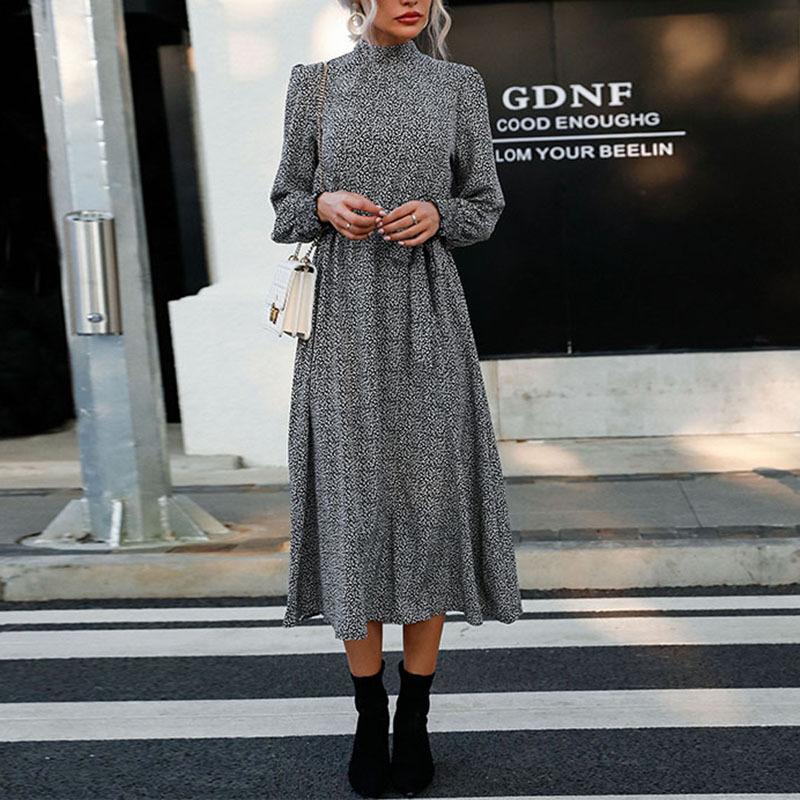 

YYFS Женская мода с леопардовым принтом Лето-весна с длинным рукавом Половина водолазки Повседневные платья XL чёрный