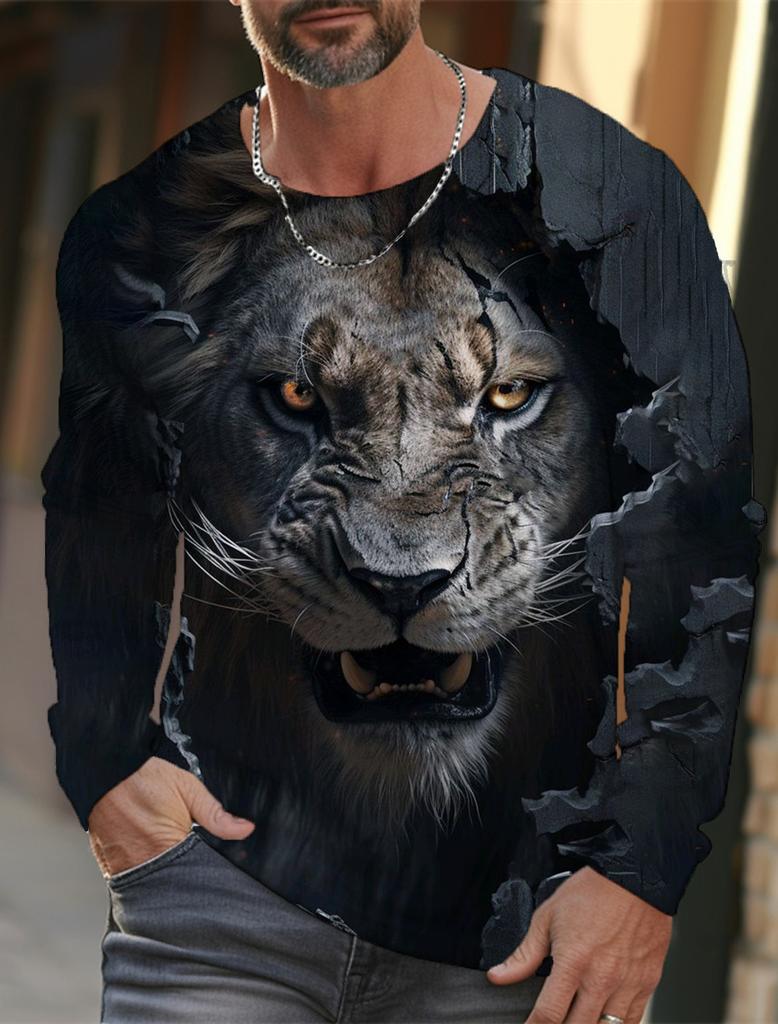 Camiseta de manga larga con estampado de león para hombre, ropa informal para hombre, camisetas de moda con estampado 3D completo de animales, ropa de calle
