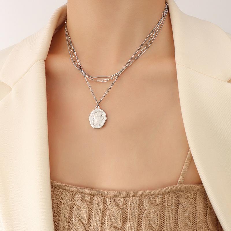 Style Personalized Portrait Round Brand Pendant Three Layers Stacked Necklace Female, Titanium Steel Plated 18K Real Gold Sweater Chain