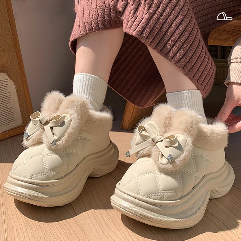 Cute Bowknot Faux Rabbit Fur Warm Snow Boots for Women Winter Thicken Plush Cotton Shoes Woman Thick Platform Fluffy House Shoes