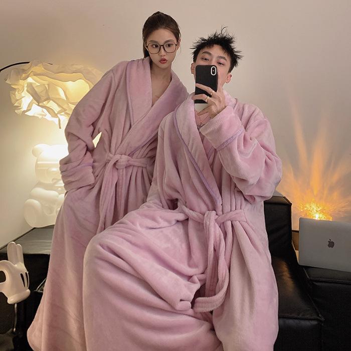 Spot Winter Coral Fleece Bathrobe for Women and Men - Thickened Extra Long Flannel Pajamas