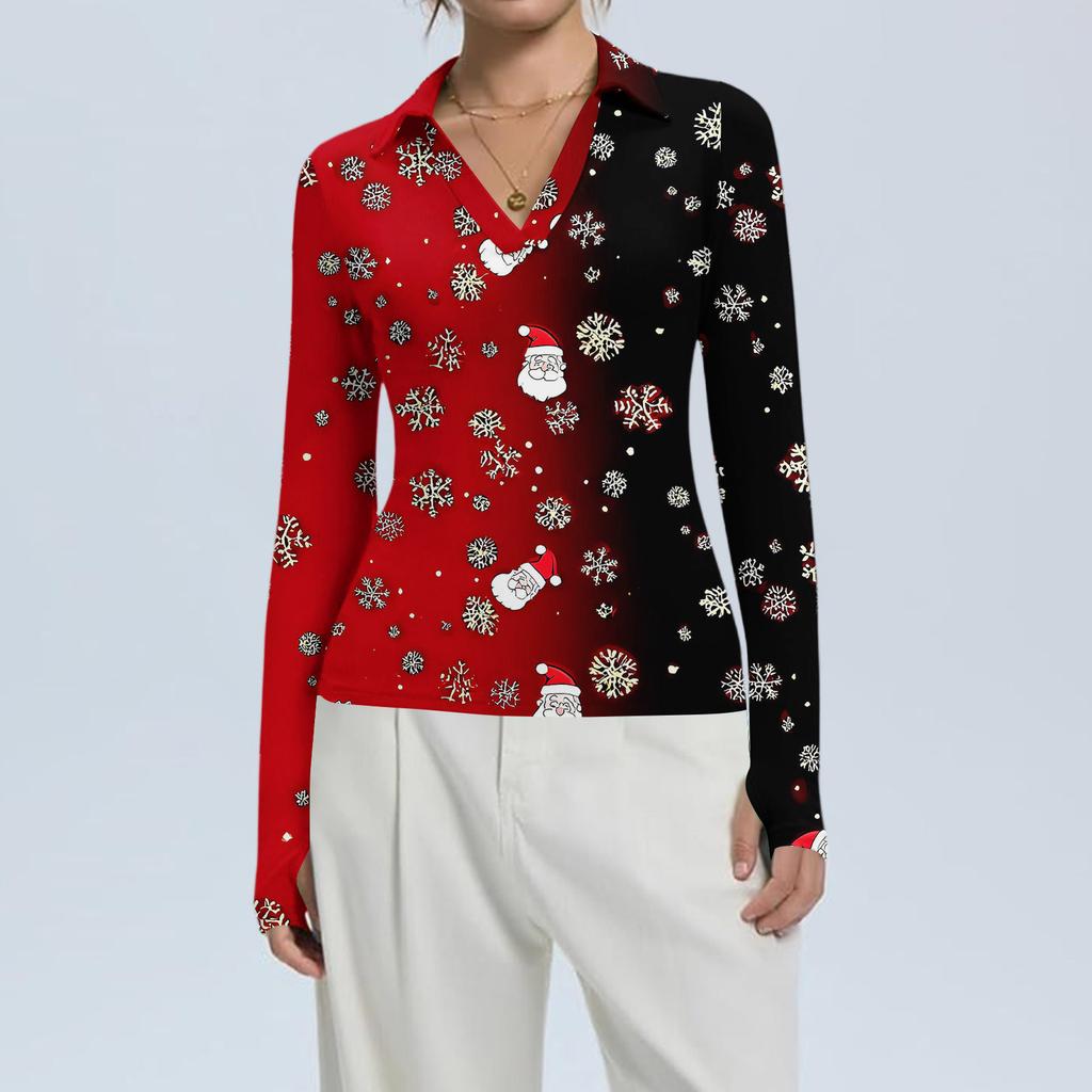 Damenmode Lässig Weihnachts-Print V-Ausschnitt Langarm Knopfleiste Oberteil