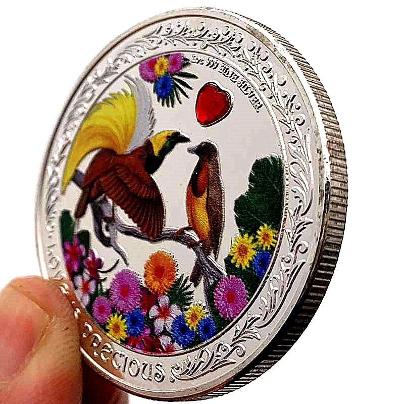 Цветная монета в форме сердца, Алмаз, Мандаринка и Птица, Посеребренная Роза, Памятная монета, Коллекционная монета, Памятная медаль