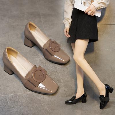 High Heels Women's 2024 New Autumn Patent Leather Block Heels Square Toe Fashion Slip-on Heels Zapatos Mujer Shoes Women Pumps