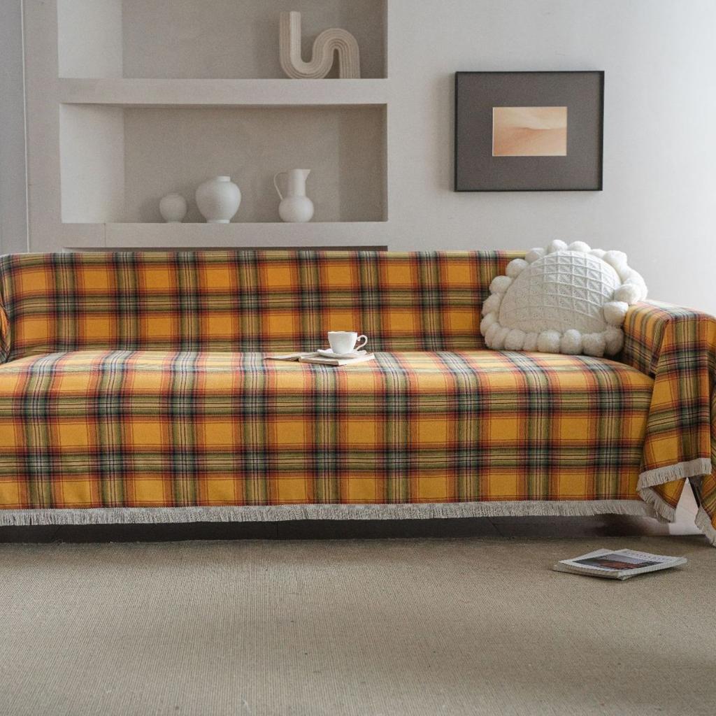 Yellow Plaid Cloth Multi-Purpose Sofa Towel Cover Cloth Bed Towel Bay Window Mat Table Chair Tablecloth