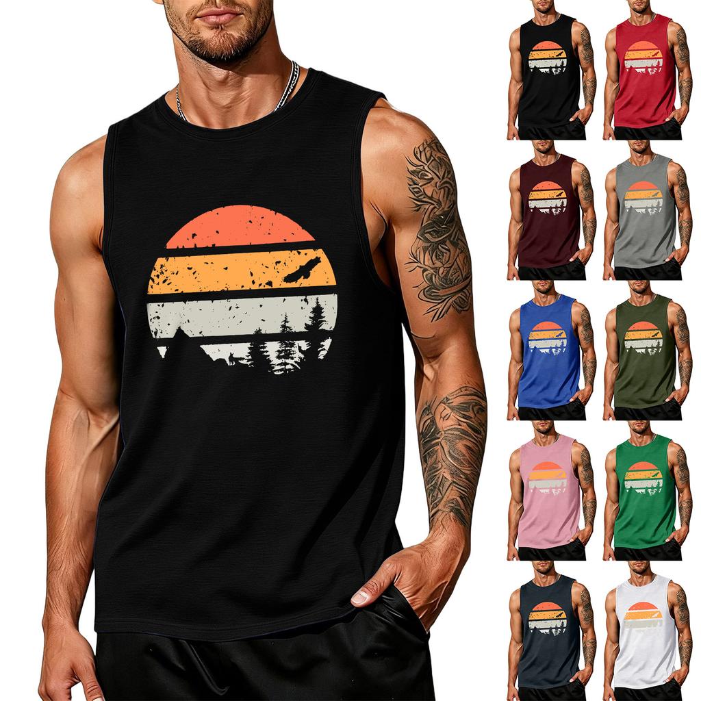 Mens Sleeveless Tank Top Crew Neck Graphic Print Vintage Style Casual Loose Fit Comfortable Shirt