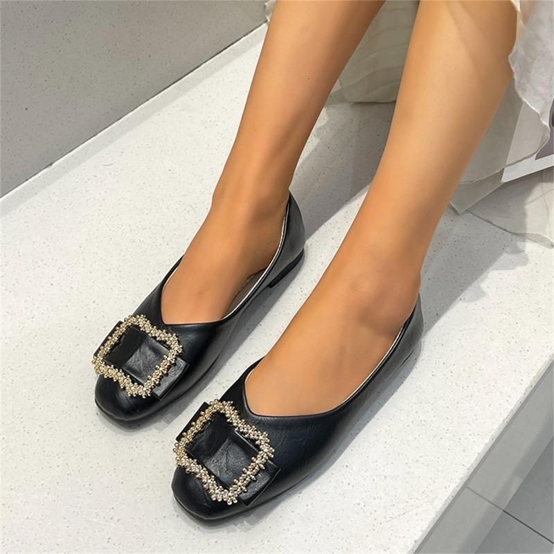 

Модные осенние новые туфли на плоской подошве, женская мода, круглый носок, неглубокий вырез, металлическая квадратная пряжка, мягкая подошва, нескользящие туфли с низким верхом 43 чёрный