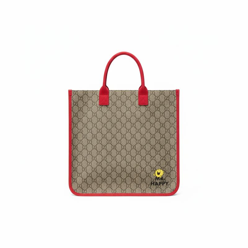 Gucci X little miss co-branded GG Supreme cartoon print design tote bag leather handbag children's style beige and dark brown
