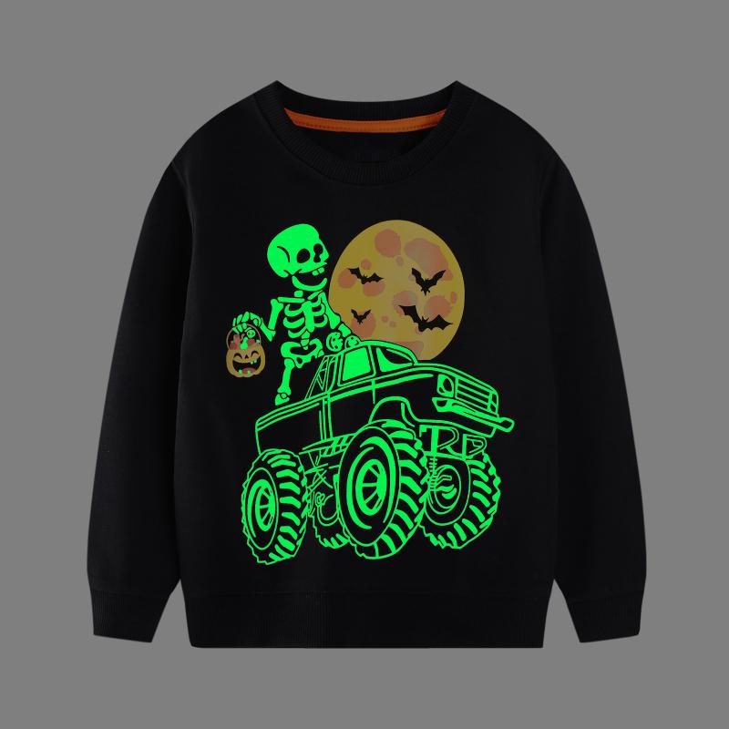 TUONXYE Boys Halloween Glow In The Dark Sweatshirt Kids Skeleton Monster Truck Print Long Sleeve Pullover Children Sport Tops