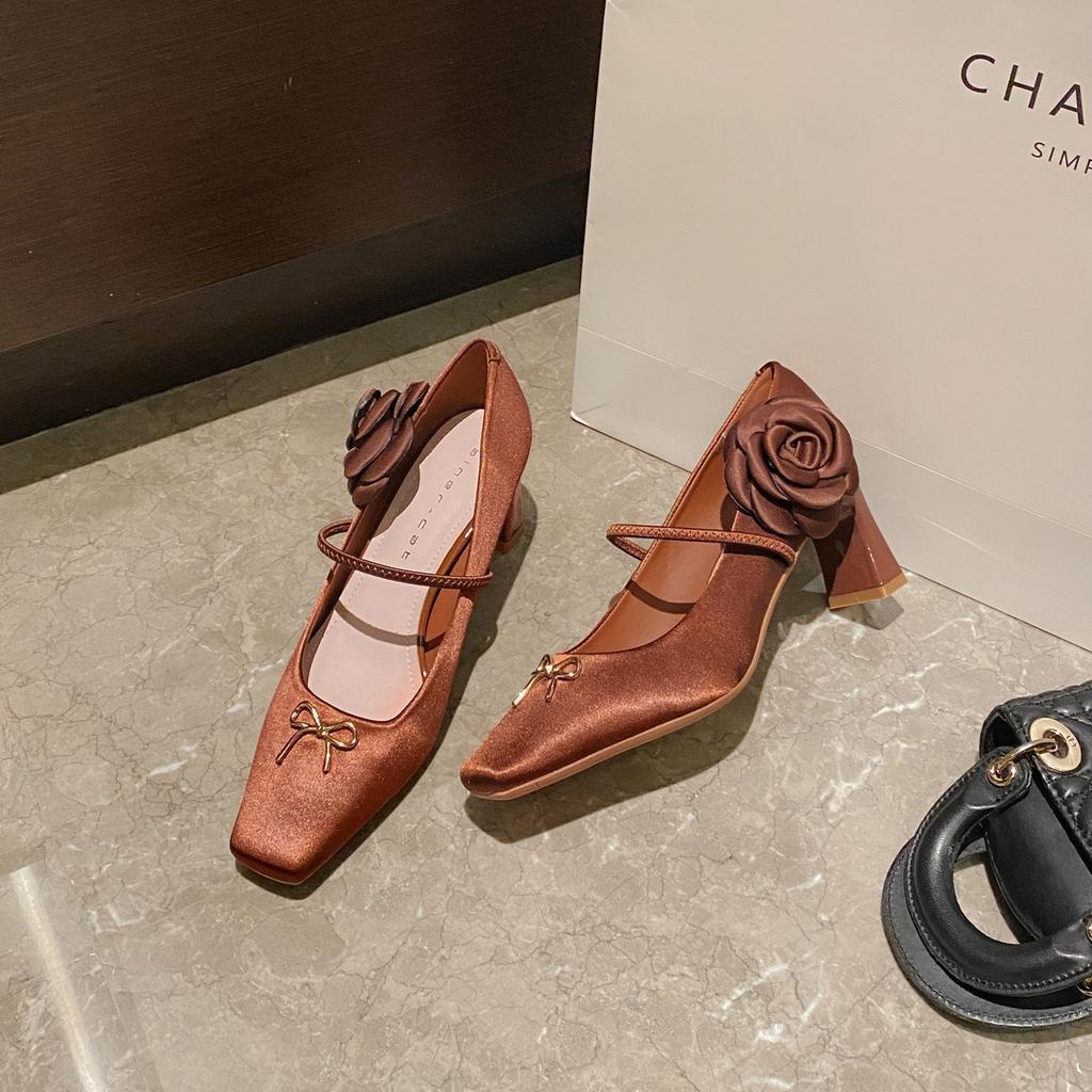 6408 High Heels Women's Thick Heels Women's 2025 New Square Head Mary Jane Shoes French Light Mouth Flower Single Shoes