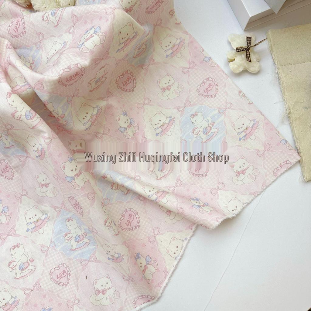 100% Cotton Korean Style Cartoon Kitten Floral Fabric for Women's & Children's Clothing, Family Outfits, Homewear, DIY Projects