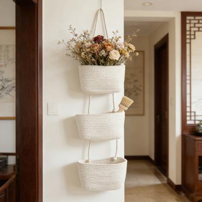 Seilgeflochtener Aufbewahrungskorb Boho Faltbar Waschbar Hängende Körbe Mehrstufiger Wandmontierter Organizer für Küchenobst Gemüse Kinderzimmer Dekoration