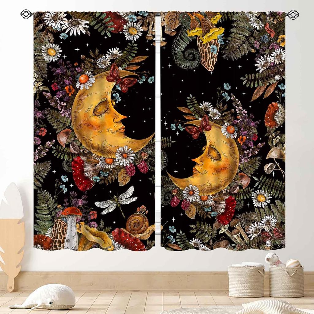 Wild Floral Moon Curtains, Boho Vintage Moon Phase Botanical Mid Century Moonlit Plants Aesthetic Spring Flower Blackout Window