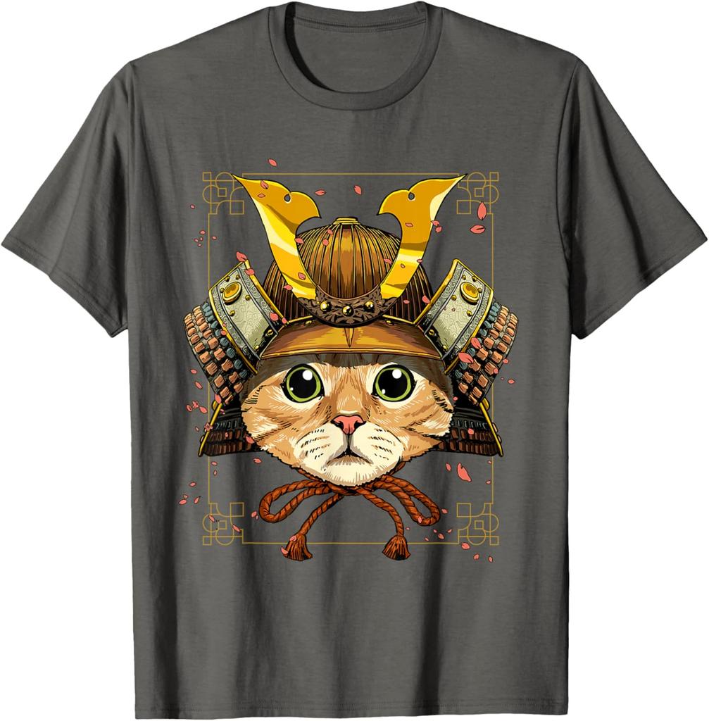 Samurai Cat Warrior Japanese Ronin Graphic Tee Breathable Casual Cotton T-Shirt for Men