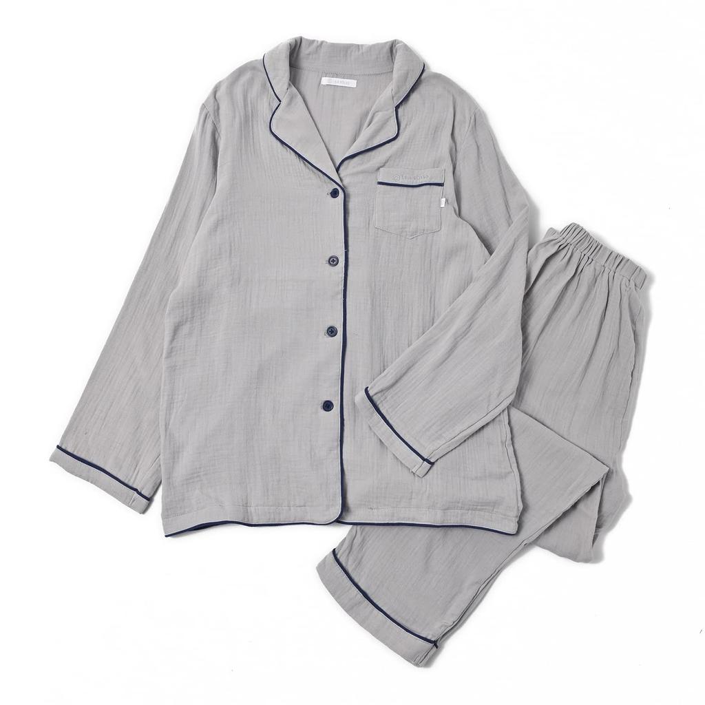 Six Rolls Long Sleeve Piping Double Gauze Pajama Solid Loungewear Women's Set, Color, 100% Cotton, (Size Small, Gray)